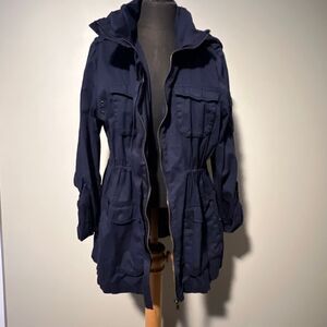 H&M Women's Navy Blue Cotton Utility Hooded Drawstring Anorak Jacket Size 16